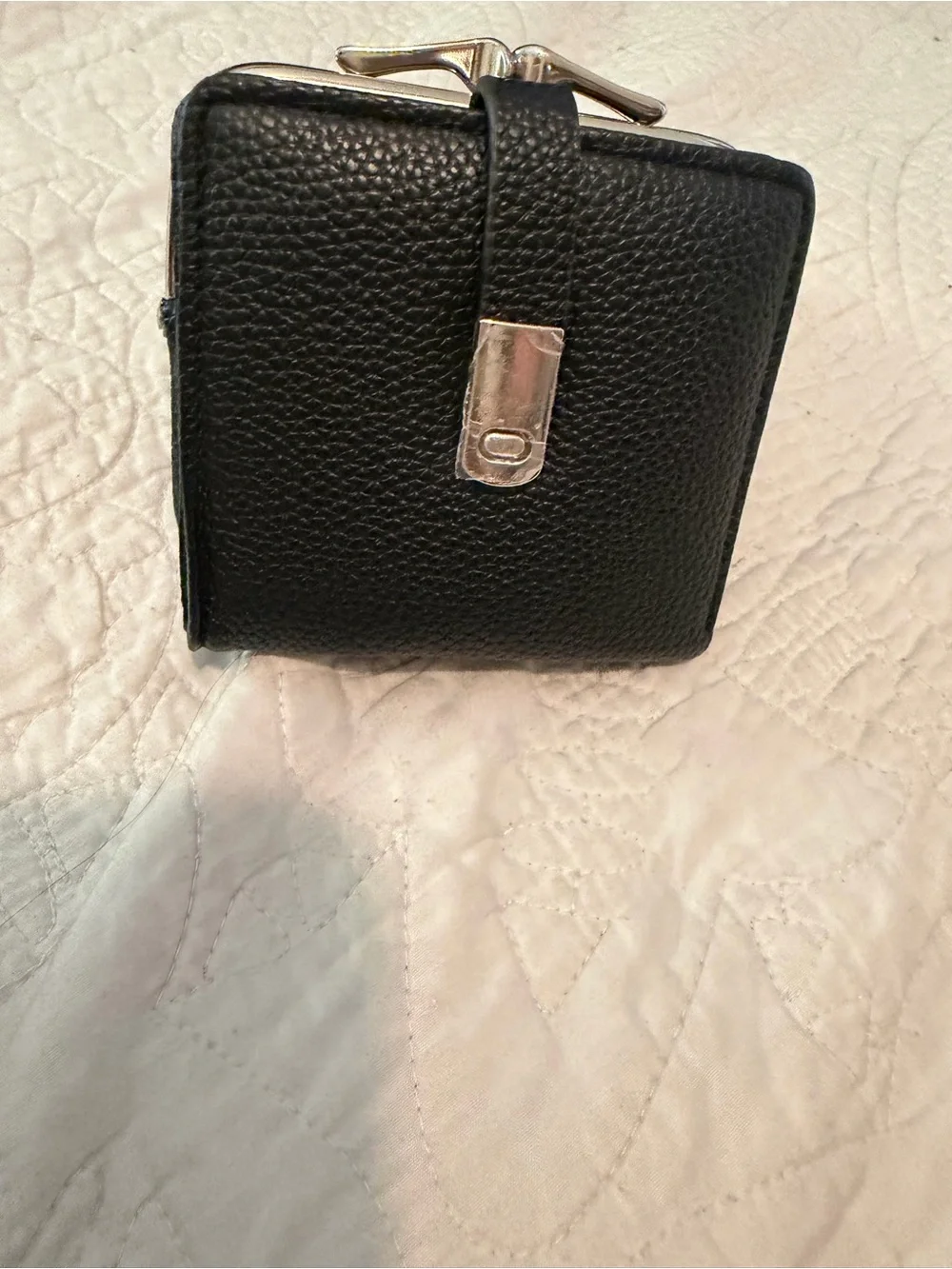 Compact Black Pebbled Leather Wallet with Silver Hardware